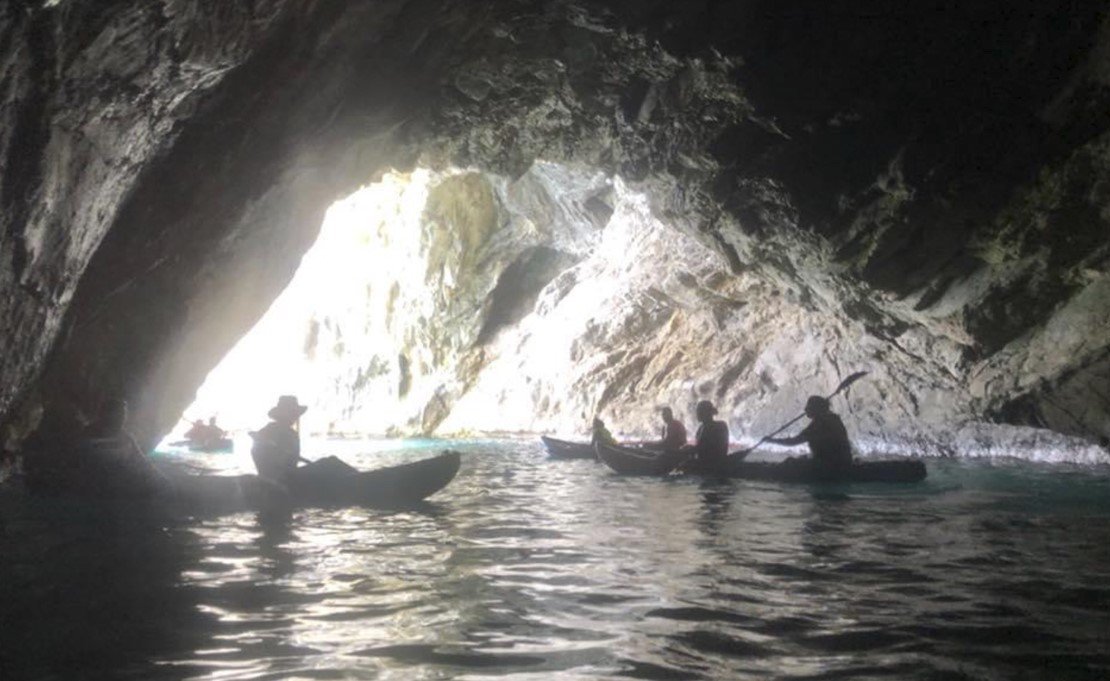 inside the cave with the kayak